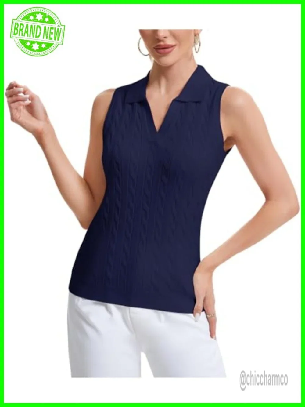 Sleeveless Cable Knit Golf Polo Tank Top Moisture Wicking Stretch